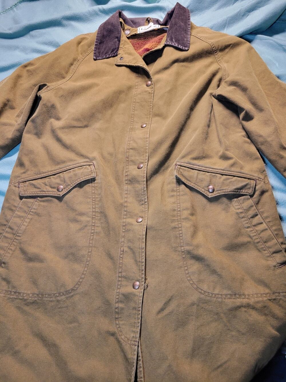 Vintage LL Bean Aztec Fleece Lined Womens Canvas Long Button Duster Coat